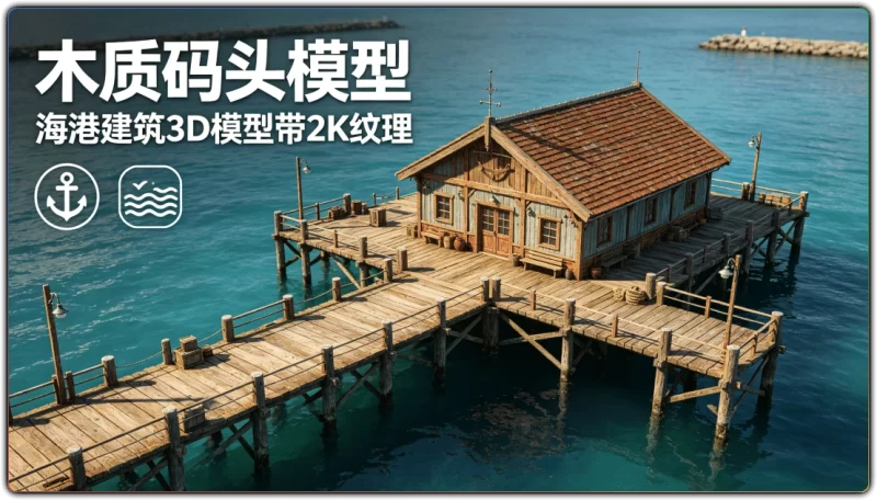 木质码头模型丨海港建筑3D模型带2K纹理-资源汇集